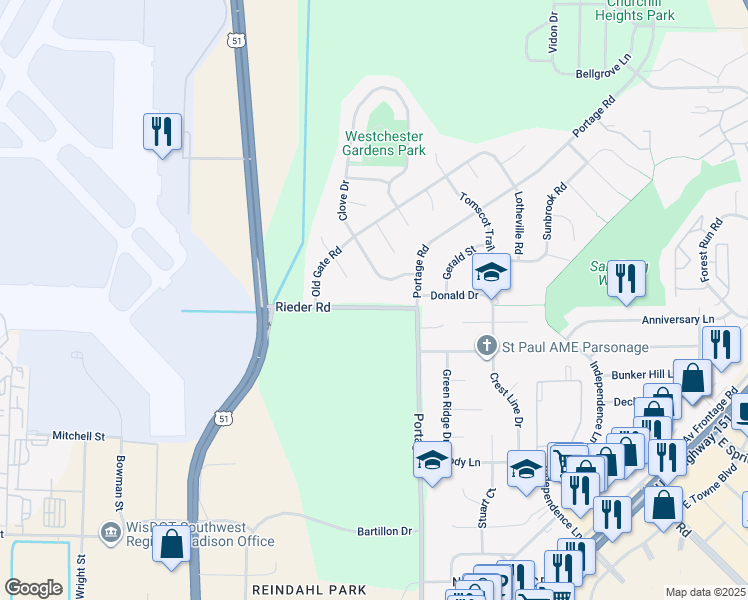 map of restaurants, bars, coffee shops, grocery stores, and more near 3934 Rieder Road in Madison