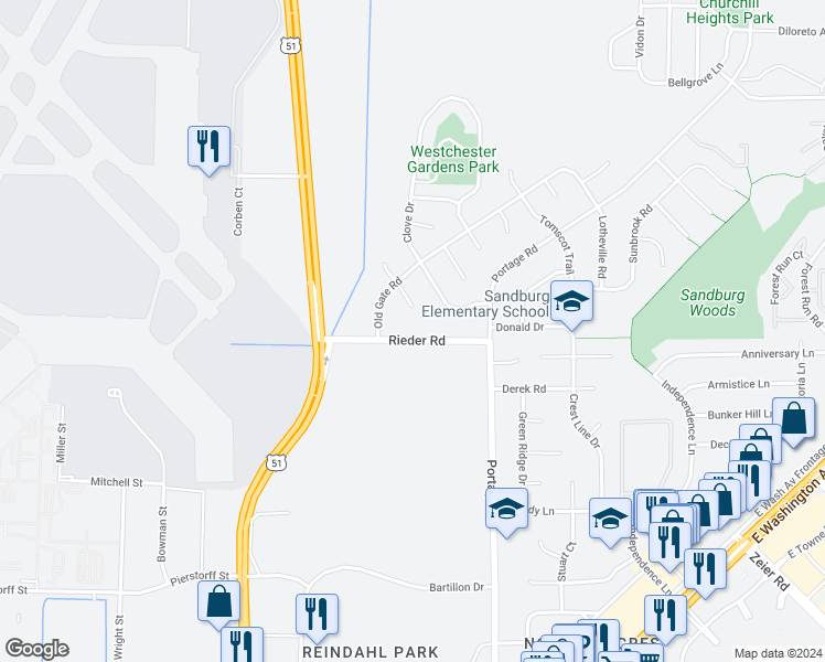 map of restaurants, bars, coffee shops, grocery stores, and more near 3918 Rieder Road in Madison