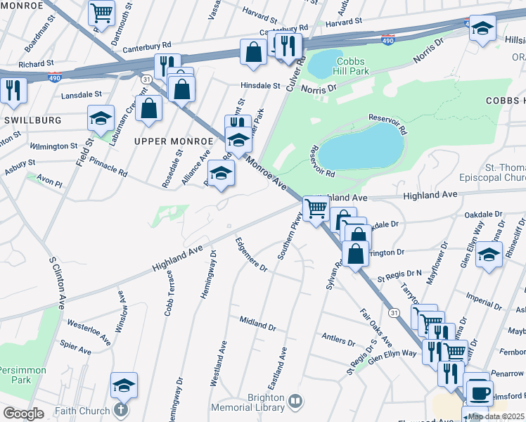 map of restaurants, bars, coffee shops, grocery stores, and more near 1350 Highland Avenue in Rochester