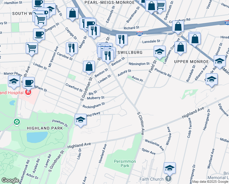map of restaurants, bars, coffee shops, grocery stores, and more near 520 Rockingham Street in Rochester