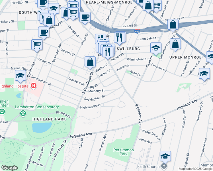 map of restaurants, bars, coffee shops, grocery stores, and more near 336 Mulberry Street in Rochester