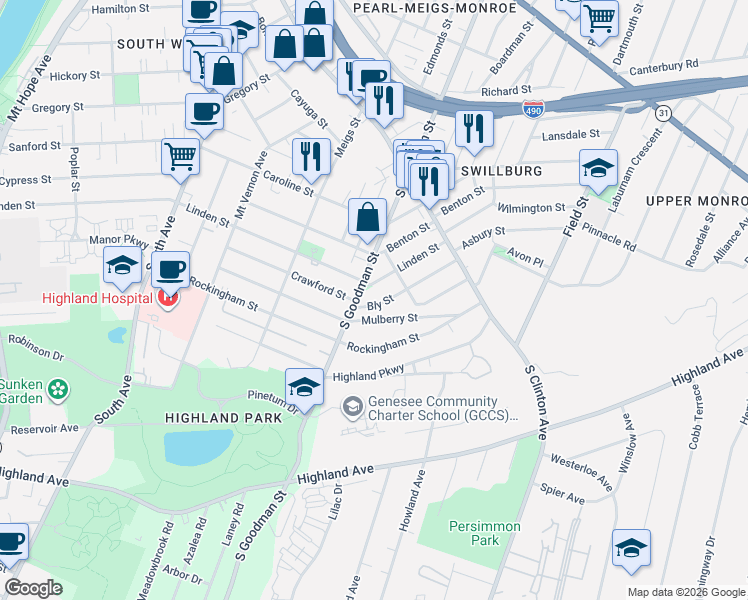 map of restaurants, bars, coffee shops, grocery stores, and more near 928 South Goodman Street in Rochester