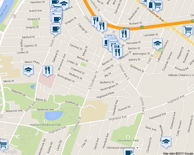 map of restaurants, bars, coffee shops, grocery stores, and more near 928 South Goodman Street in Rochester