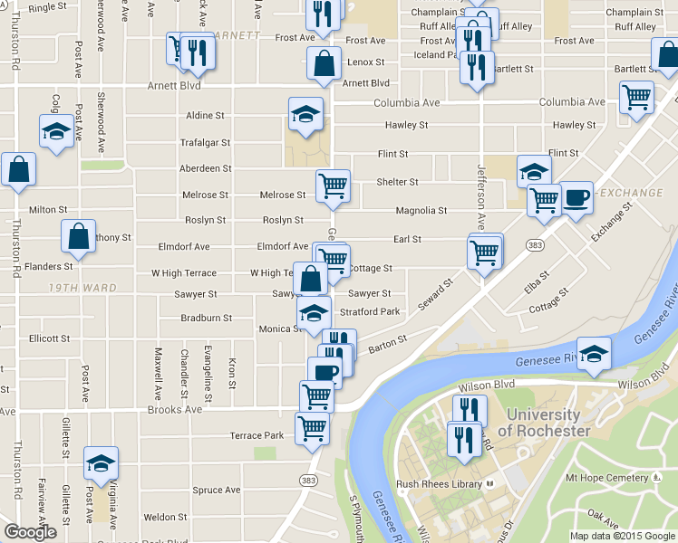 map of restaurants, bars, coffee shops, grocery stores, and more near in Rochester