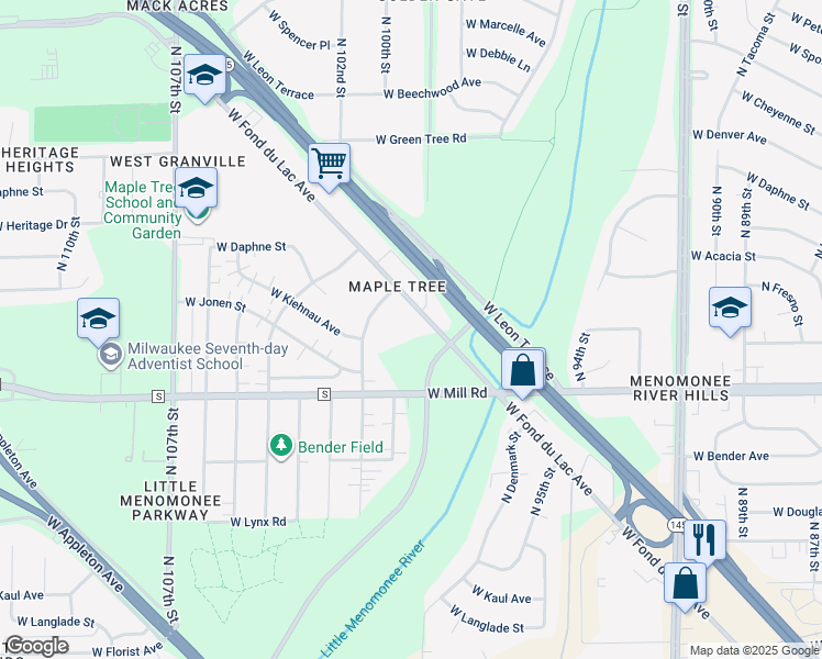 map of restaurants, bars, coffee shops, grocery stores, and more near 6520 North Beale Street in Milwaukee