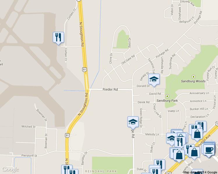 map of restaurants, bars, coffee shops, grocery stores, and more near 3918 Rieder Road in Madison