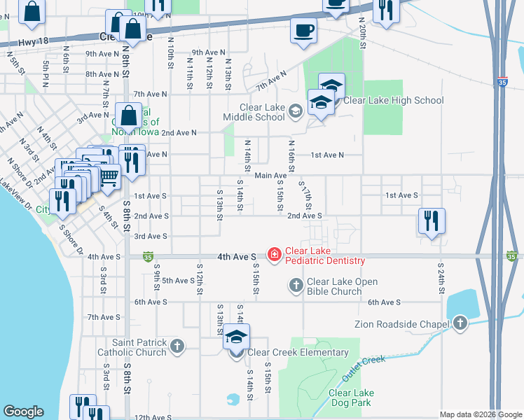 map of restaurants, bars, coffee shops, grocery stores, and more near 1419 2nd Avenue South in Clear Lake
