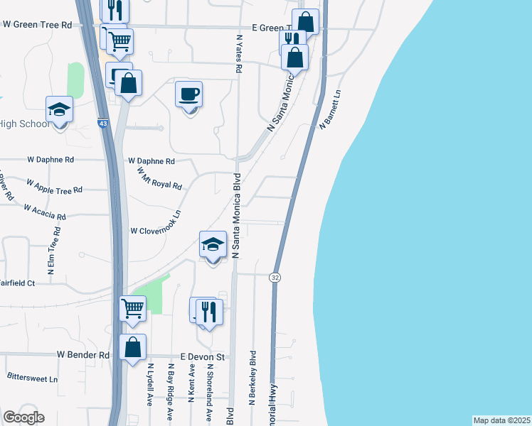map of restaurants, bars, coffee shops, grocery stores, and more near 328 East Acacia Road in Fox Point