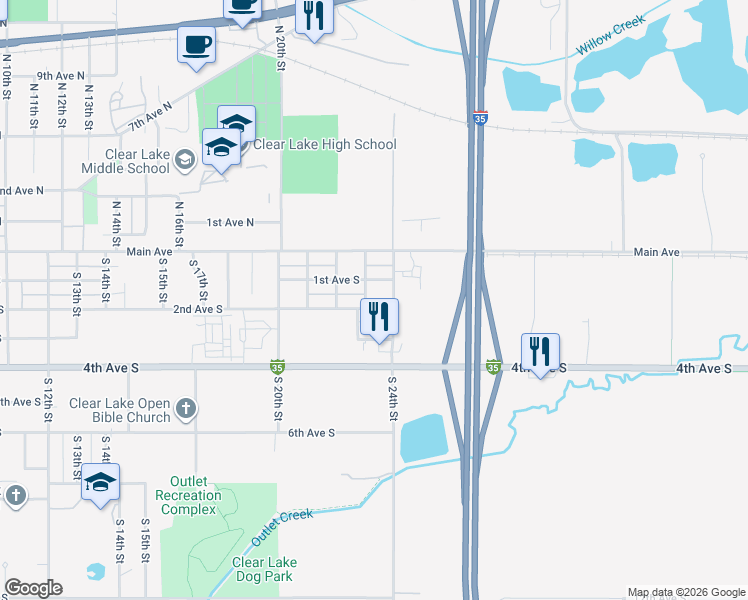 map of restaurants, bars, coffee shops, grocery stores, and more near 2306 2nd Avenue South in Clear Lake