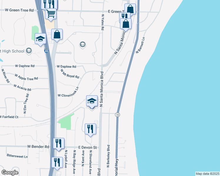 map of restaurants, bars, coffee shops, grocery stores, and more near 328 East Acacia Road in Fox Point