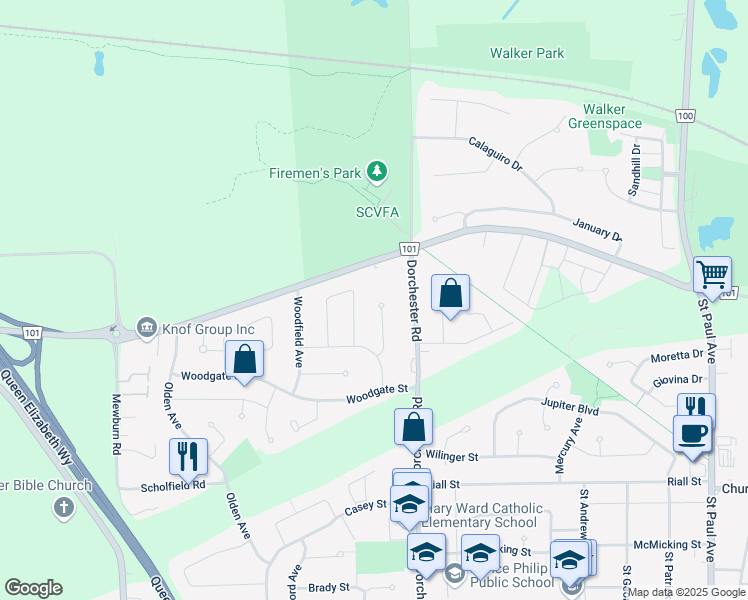 map of restaurants, bars, coffee shops, grocery stores, and more near 2459 Noella Crescent in Niagara Falls