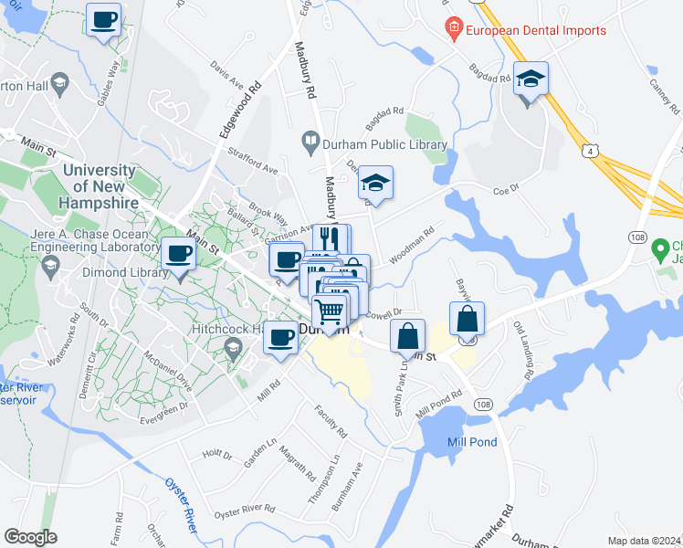 map of restaurants, bars, coffee shops, grocery stores, and more near 15 Madbury Road in Durham