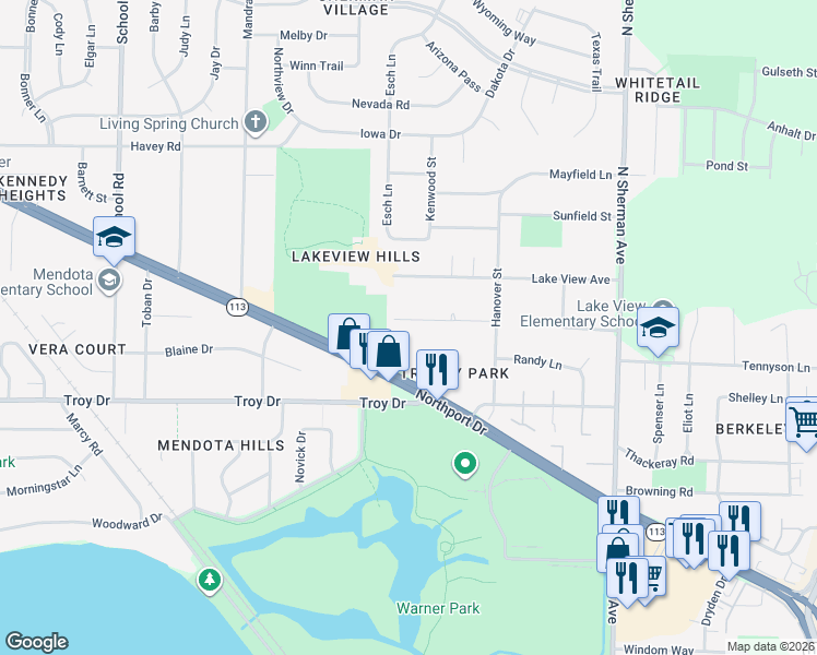 map of restaurants, bars, coffee shops, grocery stores, and more near 1417 Drewry Lane in Madison