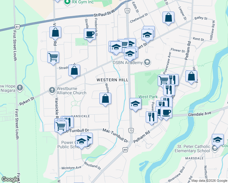map of restaurants, bars, coffee shops, grocery stores, and more near in St. Catharines