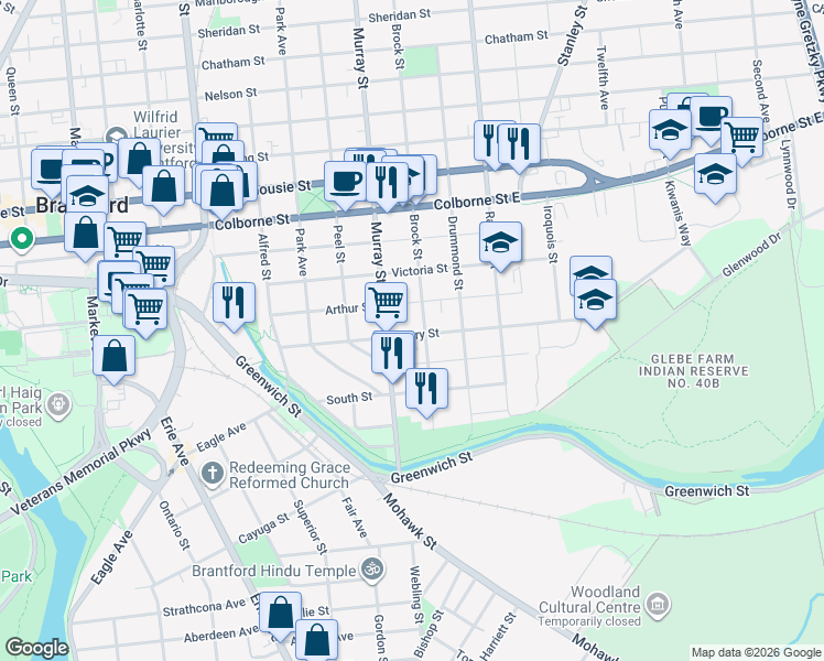 map of restaurants, bars, coffee shops, grocery stores, and more near 74 Mary Street in Brantford
