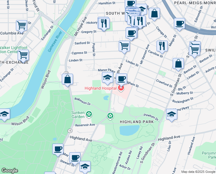 map of restaurants, bars, coffee shops, grocery stores, and more near 999 South Avenue in Rochester