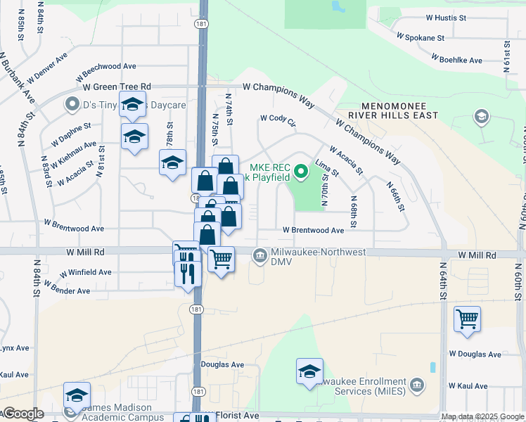 map of restaurants, bars, coffee shops, grocery stores, and more near 6504 North 73rd Street in Milwaukee