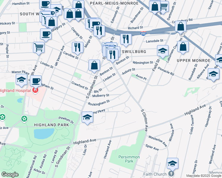 map of restaurants, bars, coffee shops, grocery stores, and more near 336 Mulberry Street in Rochester