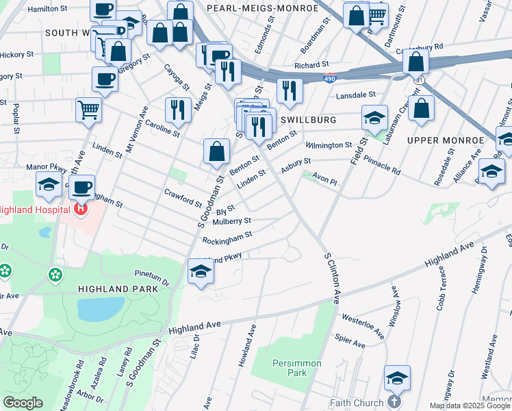 map of restaurants, bars, coffee shops, grocery stores, and more near 336 Mulberry Street in Rochester