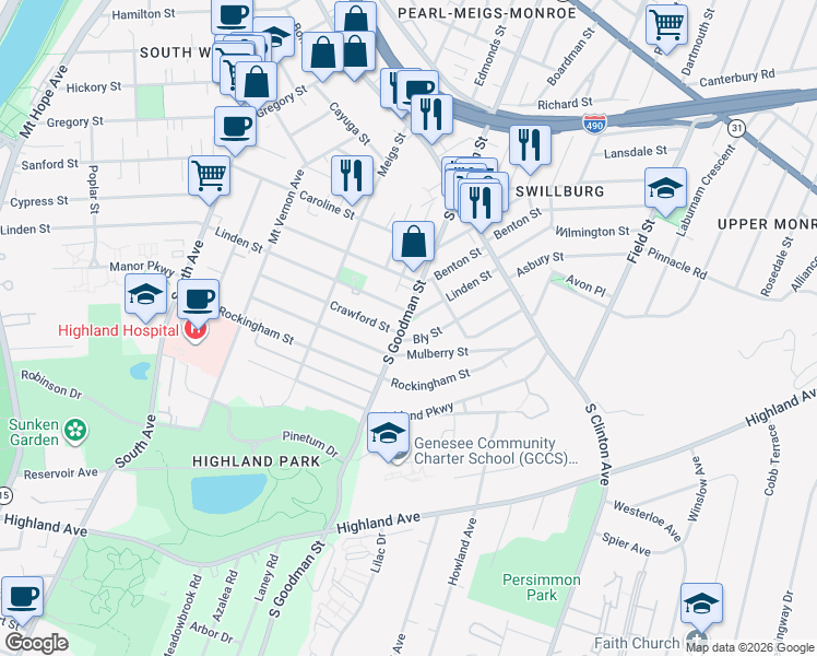 map of restaurants, bars, coffee shops, grocery stores, and more near 928 South Goodman Street in Rochester
