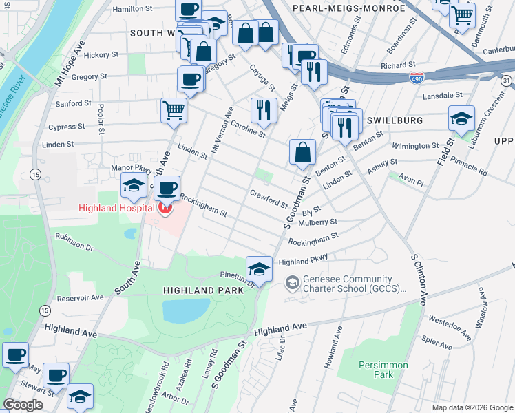 map of restaurants, bars, coffee shops, grocery stores, and more near 125 Mulberry Street in Rochester