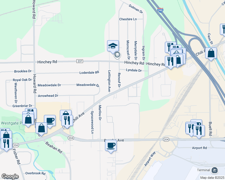 map of restaurants, bars, coffee shops, grocery stores, and more near 1692 Chili Avenue in Rochester