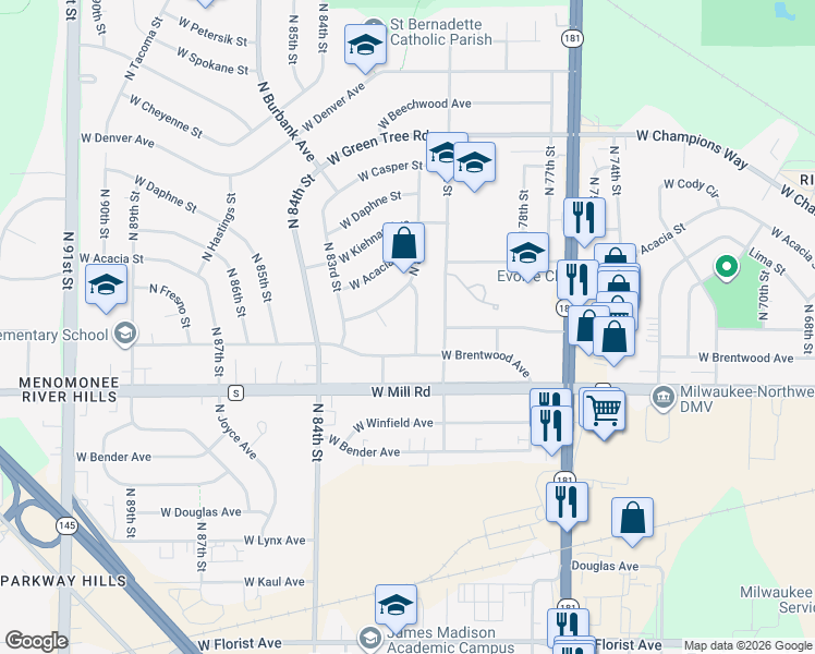 map of restaurants, bars, coffee shops, grocery stores, and more near 8118 West Brentwood Avenue in Milwaukee