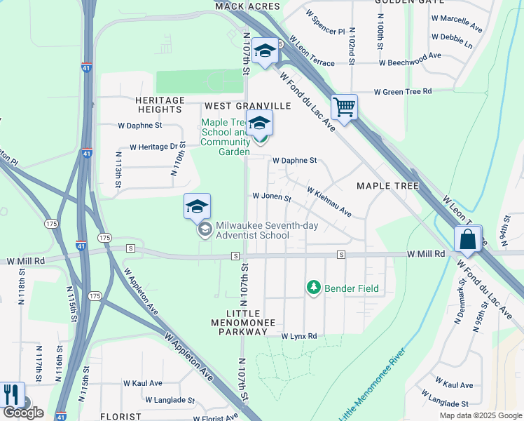 map of restaurants, bars, coffee shops, grocery stores, and more near 6457 North 106th Street in Milwaukee