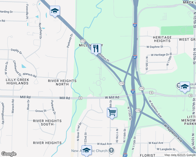 map of restaurants, bars, coffee shops, grocery stores, and more near 11927 West Appleton Avenue in Milwaukee