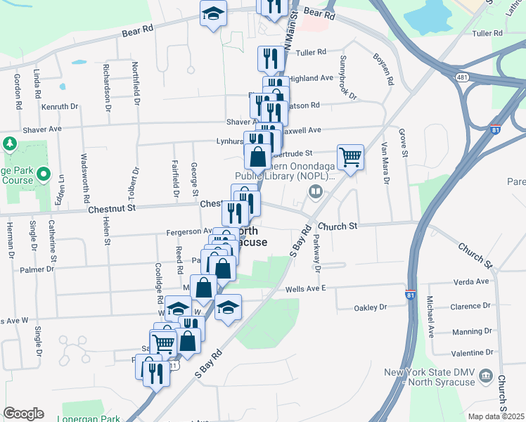 map of restaurants, bars, coffee shops, grocery stores, and more near in North Syracuse