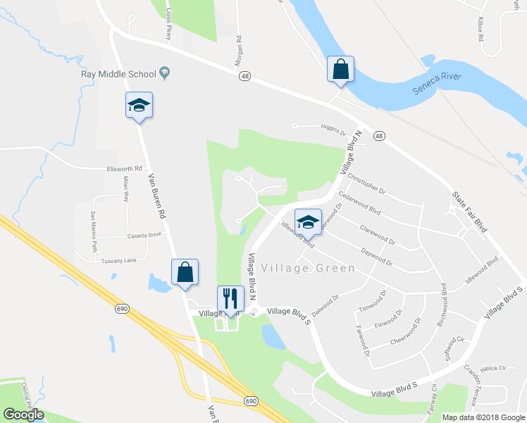 map of restaurants, bars, coffee shops, grocery stores, and more near 669 Idlewood Boulevard North in Baldwinsville