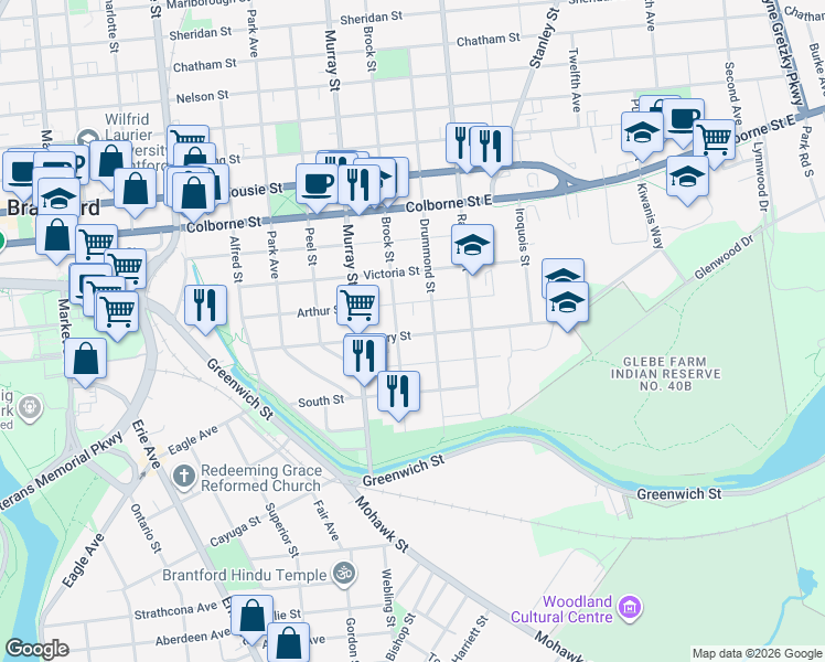map of restaurants, bars, coffee shops, grocery stores, and more near 86 Mary Street in Brantford