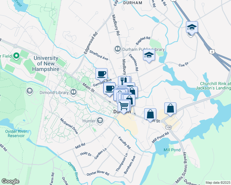 map of restaurants, bars, coffee shops, grocery stores, and more near 70 Main Street in Durham