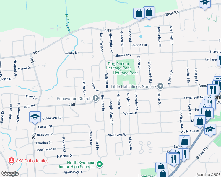 map of restaurants, bars, coffee shops, grocery stores, and more near 101 Belmore Drive in Syracuse