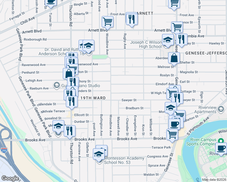 map of restaurants, bars, coffee shops, grocery stores, and more near 297 West High Terrace in Rochester