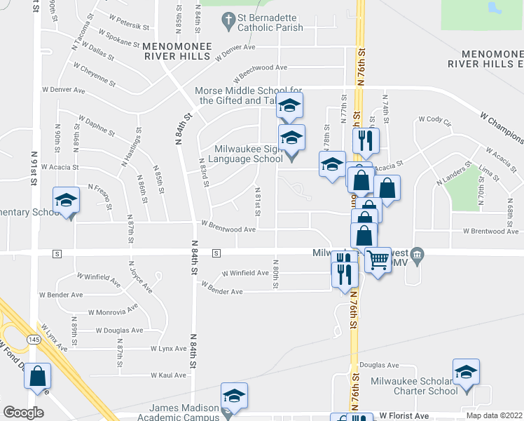 map of restaurants, bars, coffee shops, grocery stores, and more near 6480 North 81st Street in Milwaukee