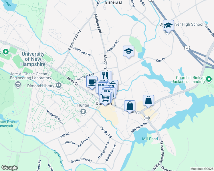 map of restaurants, bars, coffee shops, grocery stores, and more near 17 Madbury Road in Durham