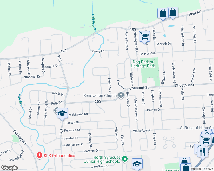 map of restaurants, bars, coffee shops, grocery stores, and more near 118 Heins Avenue in Syracuse