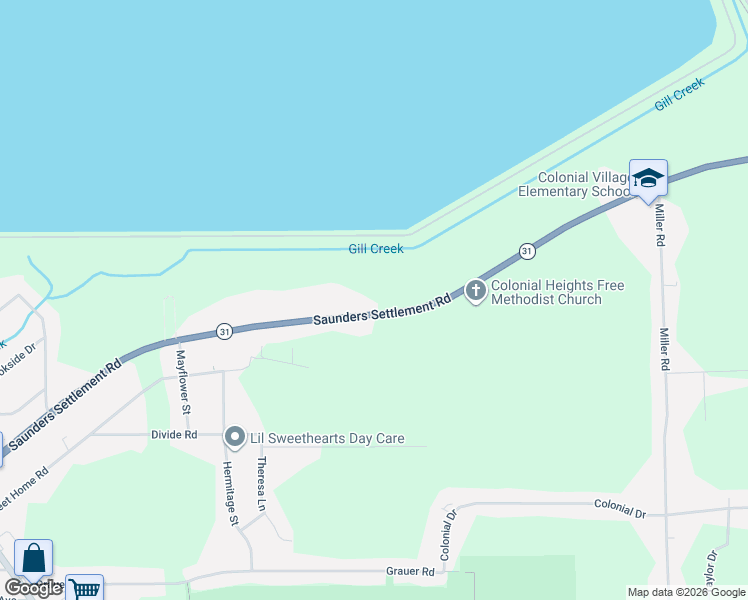 map of restaurants, bars, coffee shops, grocery stores, and more near 1245 Saunders Settlement Road in Lewiston