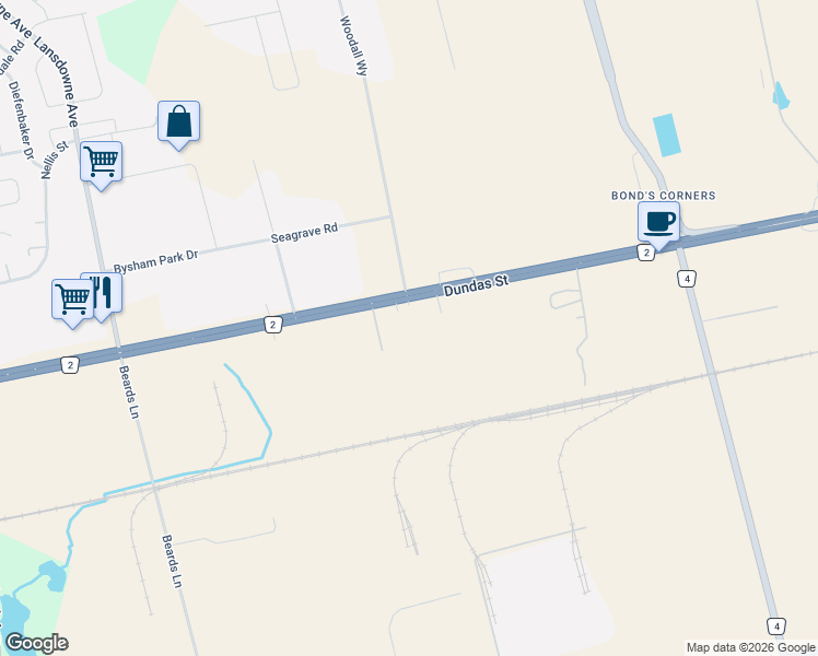map of restaurants, bars, coffee shops, grocery stores, and more near 1344 Dundas Street in Woodstock