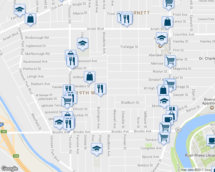 map of restaurants, bars, coffee shops, grocery stores, and more near 524 Woodbine Avenue in Rochester