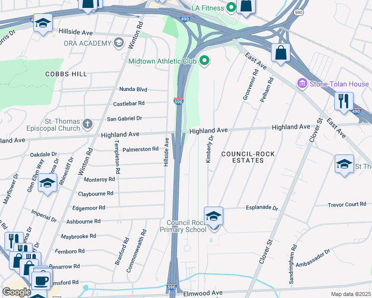 map of restaurants, bars, coffee shops, grocery stores, and more near 40 Village Lane in Rochester