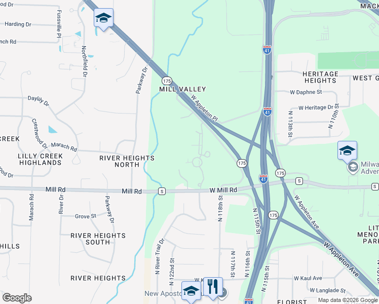 map of restaurants, bars, coffee shops, grocery stores, and more near 11958 West Mill Road in Milwaukee