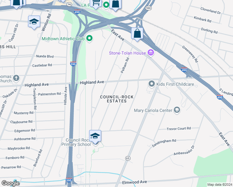 map of restaurants, bars, coffee shops, grocery stores, and more near 260 Pelham Road in Rochester