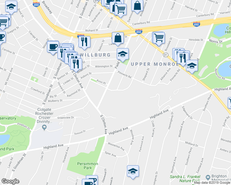 map of restaurants, bars, coffee shops, grocery stores, and more near 308 Crosman Terrace in Rochester