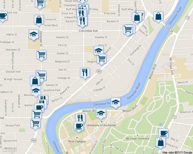 map of restaurants, bars, coffee shops, grocery stores, and more near 69 Elba Street in Rochester