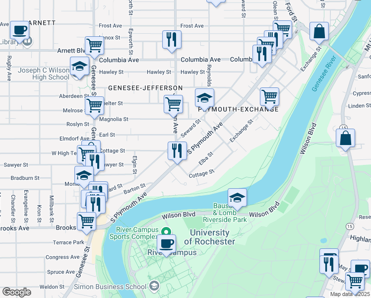 map of restaurants, bars, coffee shops, grocery stores, and more near 1128 South Plymouth Avenue in Rochester
