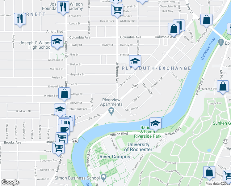 map of restaurants, bars, coffee shops, grocery stores, and more near 251 Cottage Street in Rochester