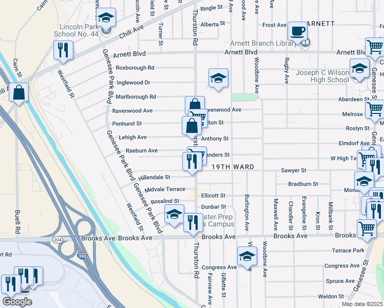 map of restaurants, bars, coffee shops, grocery stores, and more near 481-493 Thurston Road in Rochester
