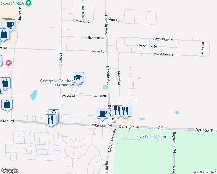 map of restaurants, bars, coffee shops, grocery stores, and more near 6439 Locust Street in Lockport